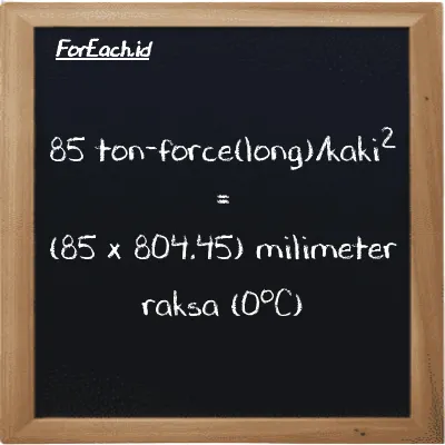 Cara konversi ton-force(long)/kaki<sup>2</sup> ke milimeter raksa (0<sup>o</sup>C) (LT f/ft<sup>2</sup> ke mmHg): 85 ton-force(long)/kaki<sup>2</sup> (LT f/ft<sup>2</sup>) setara dengan 85 dikalikan dengan 804.45 milimeter raksa (0<sup>o</sup>C) (mmHg)